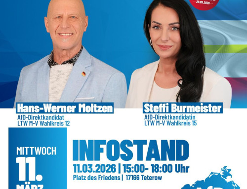 Infostand in Teterow mit Steffi Burmeister und Werner Moltzen aus dem Kreistag am 11.03.2026 ab 15.00 Uhr
