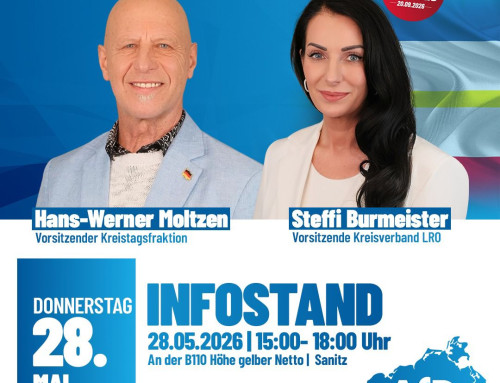 Infostand in Sanitz am 28.05.2026 ab 15.00-18.00 Uhr an der B110 Höhe Netto