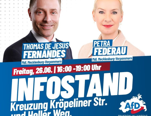 Infostand in Satow mit Petra Federau und Thomas de Jesus Fernandes, am 26. Juni 2026 um 16:00-19:00 Uhr, Kreuzung Kröpeliner Straße und Heller Weg