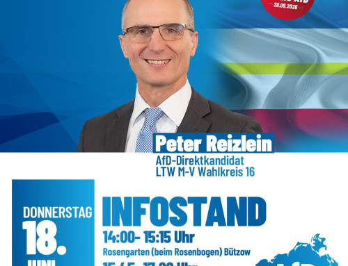 Infostand in Bützow am 18.Juni um 14:00-15:15 Uhr im Rosengarten und 15.45-17:00 Uhr im Schloßpark